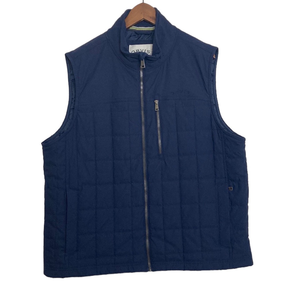 Orvis Vest Mens XL Navy Blue Quilted Puffy Zip Pockets Classic Outdoor